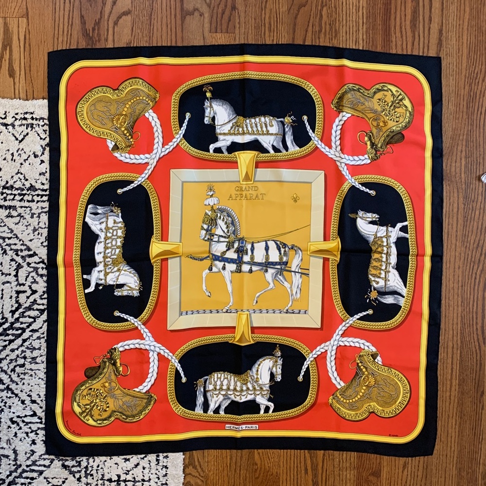 Vintage RARE Hermes Navy Red Silk Scarf Horses